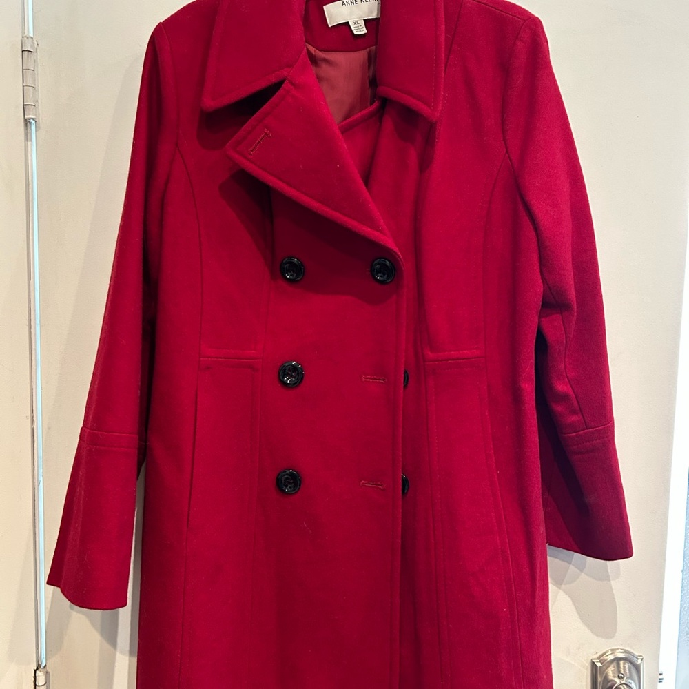 Anne Klein Red Pea Coat Timeless Double-Breasted Design